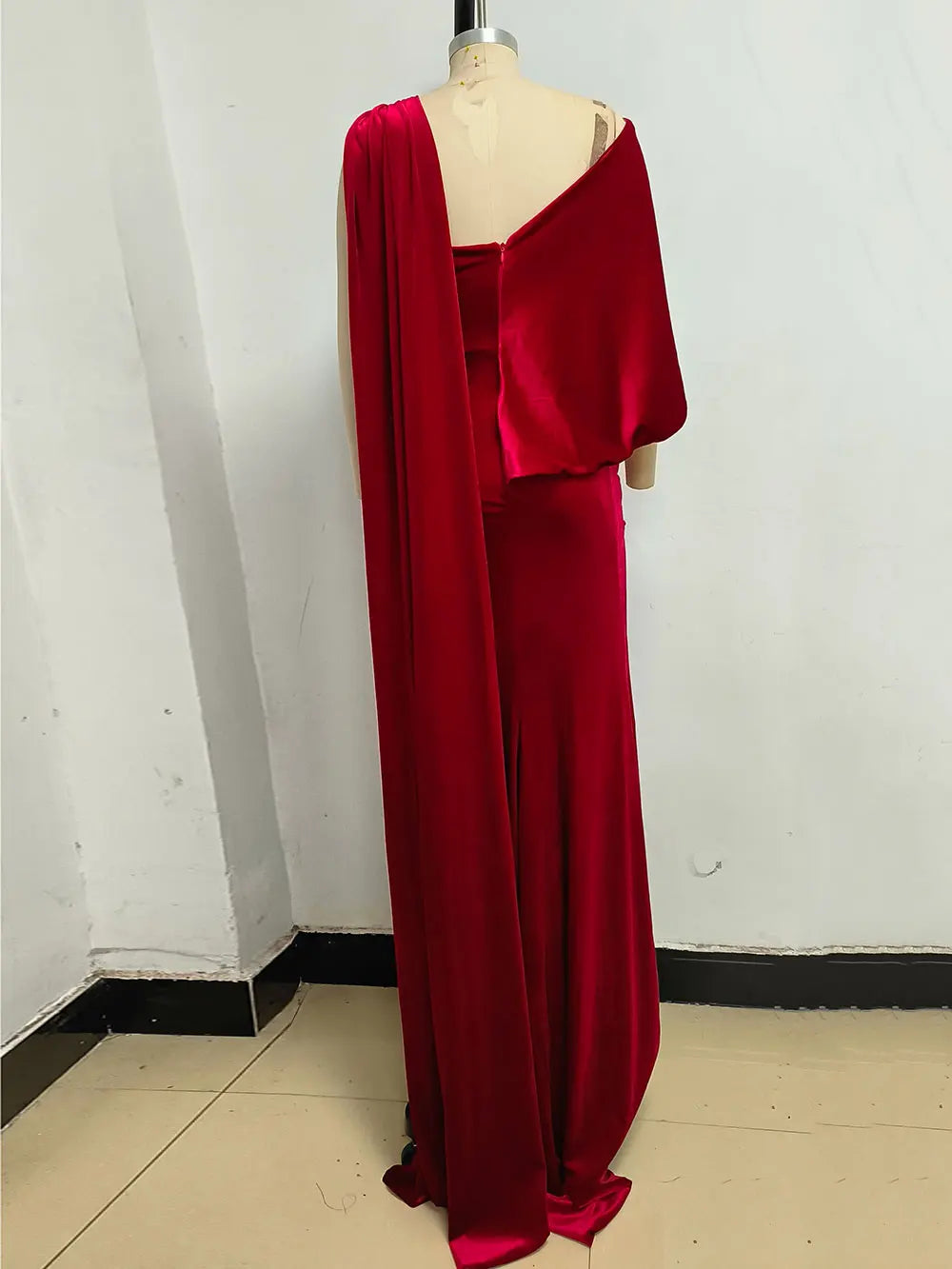 2024 Sexy Women's Evening Party Wine Red Velvet Marx Dress Shawl Design Bodycon Draped Split Body Long Dress Christmas Vestidos
