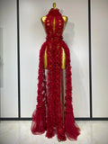 Mesh Sequins Sexy Backless Halter See Through Dress Birthday Evening Party Prom Nightclub Singer Stage Performance Costume Red