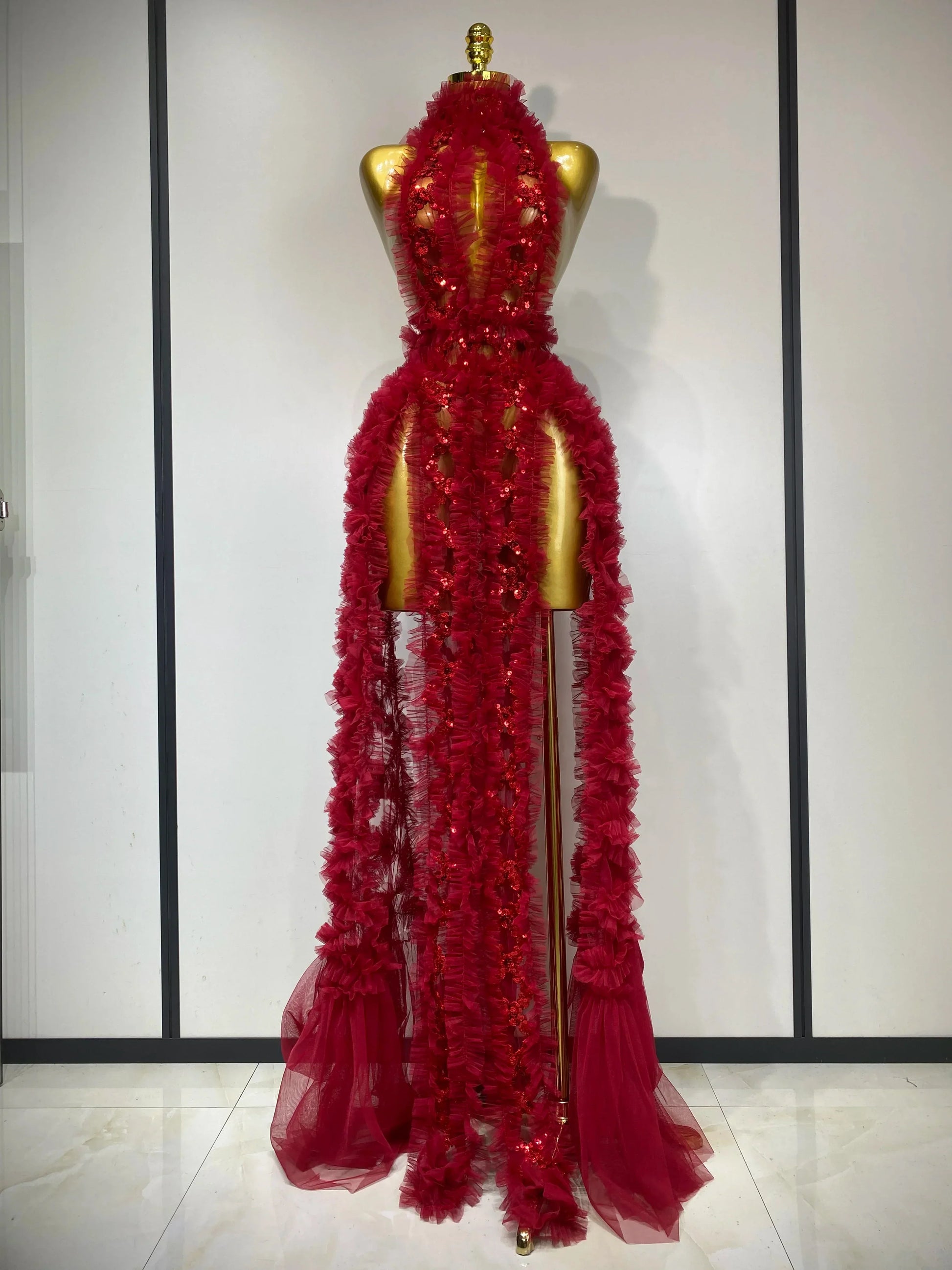 Mesh Sequins Sexy Backless Halter See Through Dress Birthday Evening Party Prom Nightclub Singer Stage Performance Costume Red