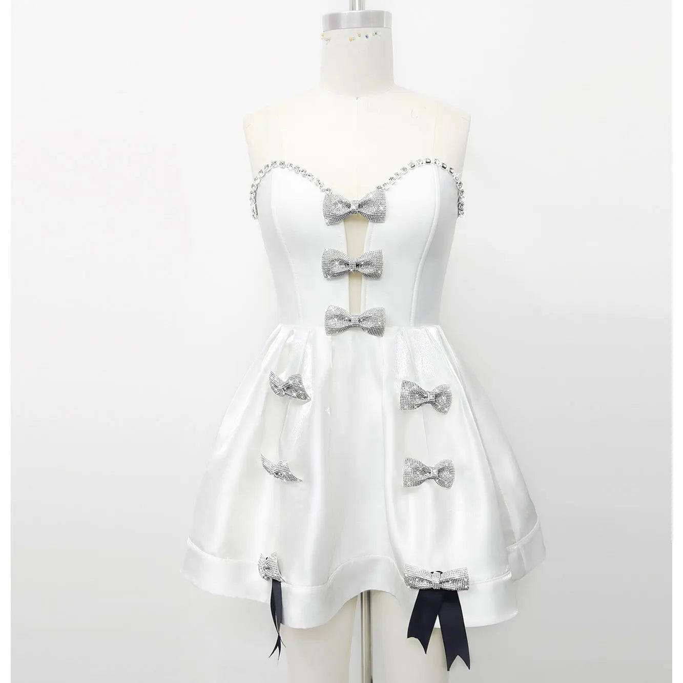 Spring Women's White Puff Dress Strapless Sleeveless Three Dimensional Bow Design A-line Mini Dress Evening Party Vestidos WHITE