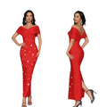 4 Colors Women Sexy Slash Neck Off the Shoulder Shinning Crystal Bodycon Long Bandage Dress Celebrate Birthday Party Outfit