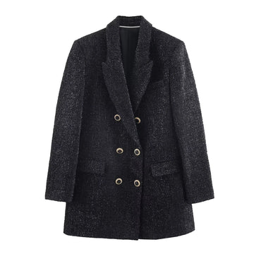 Winter new women's clothing small fragrance style black high-end temperament double breasted metal wire suit jacket