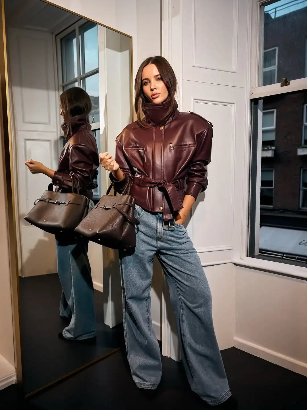 Women Solid Burgundy Waist Cinching Jacket Fashion Lace Up Stand Collar Zipper Bucket Short Jackets 2025 Lady High Street Coat