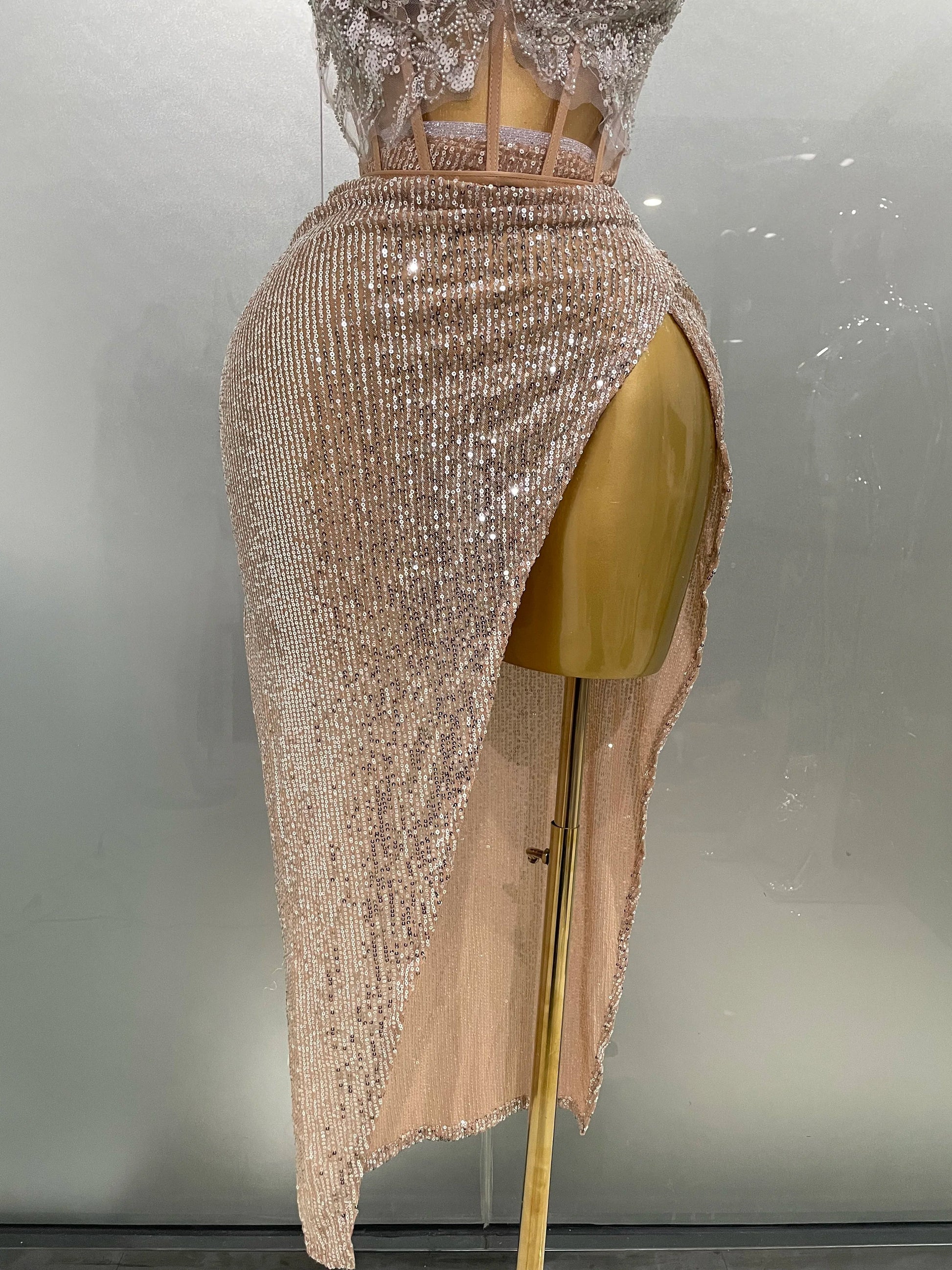 Women Sparkle Rhinestone Sequins Two Pieces Evening Party Dress Celebrate Festival Dancer Bar Nightclub Ds Dj Stage Wear