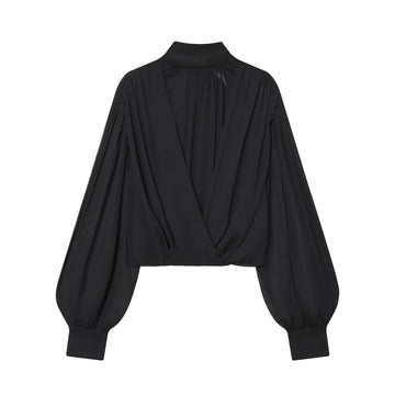 2025 Winter New Product Women's Stand up Collar Long Sleeve Puff Design Short Half Transparent Folded Balloon Shirt
