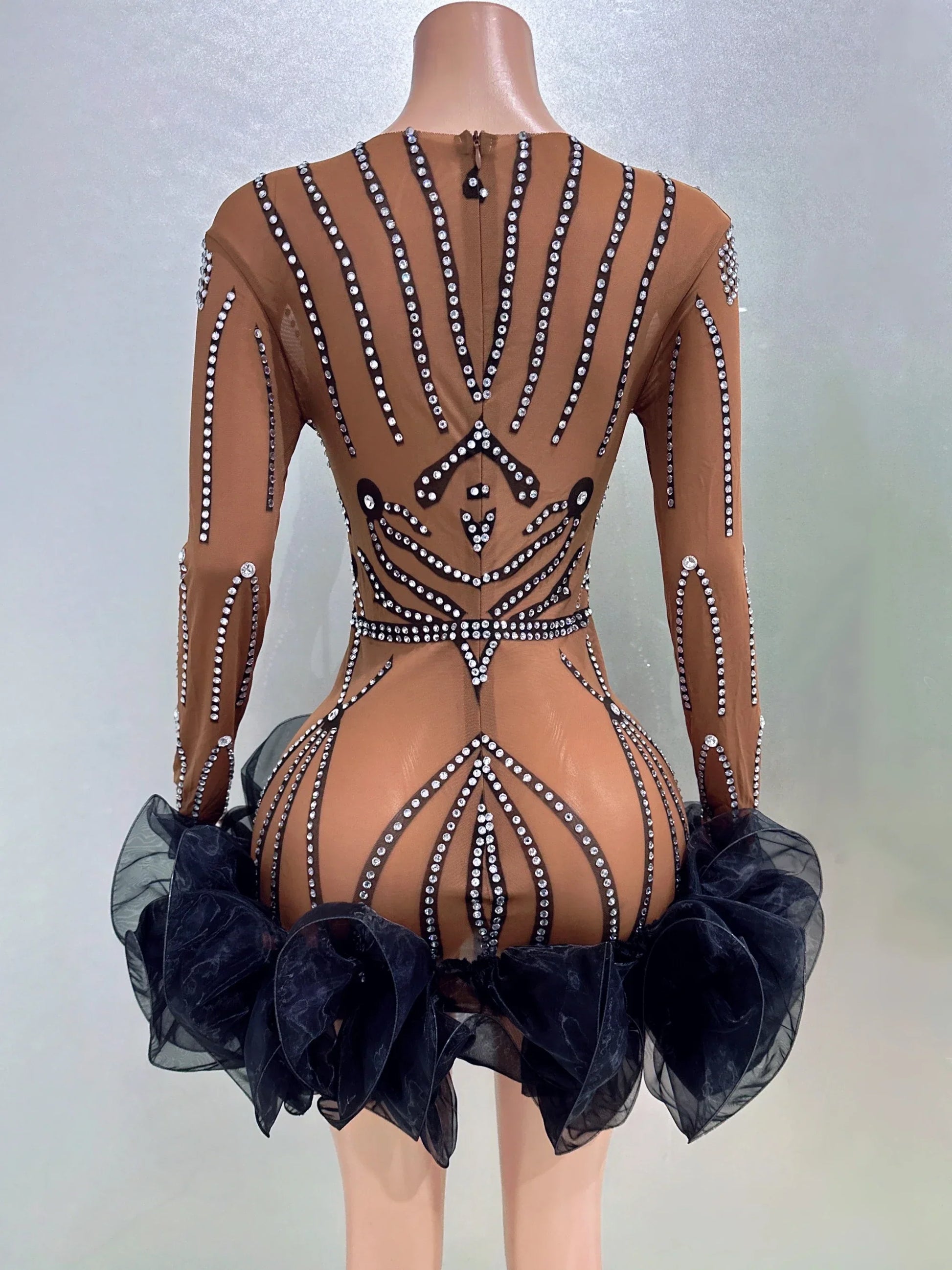 STOCK Women Long Sleeve Sexy Mesh Bodycon Ball Gown Mini Dress Bar Singer Nightclub Party Celebrate Performance Costume Wear