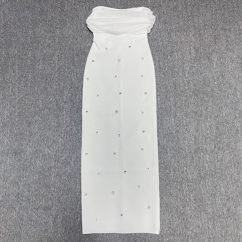 4 Colors Women Sexy Slash Neck Off the Shoulder Shinning Crystal Bodycon Long Bandage Dress Celebrate Birthday Party Outfit Ivory