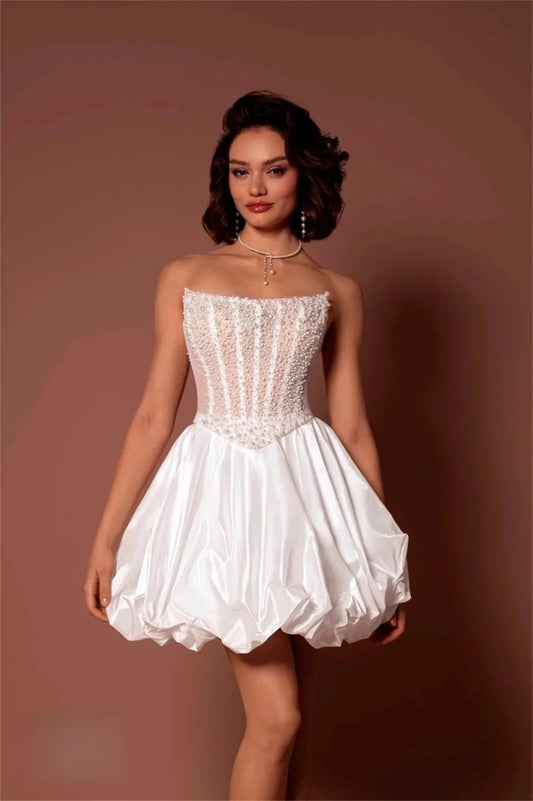 Elegant Short Wedding Dress Strapless Beads Pearls Taffeta Mini Princess Bridal Party Gowns Beach Robe De Mariage