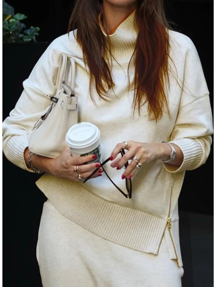 Women Autumn 2 Piece Set Casual Simple Solid Long Sleeve Turtleneck Pullover Top Loose Wide Legs Pants Sets 2025 Lady Outfit