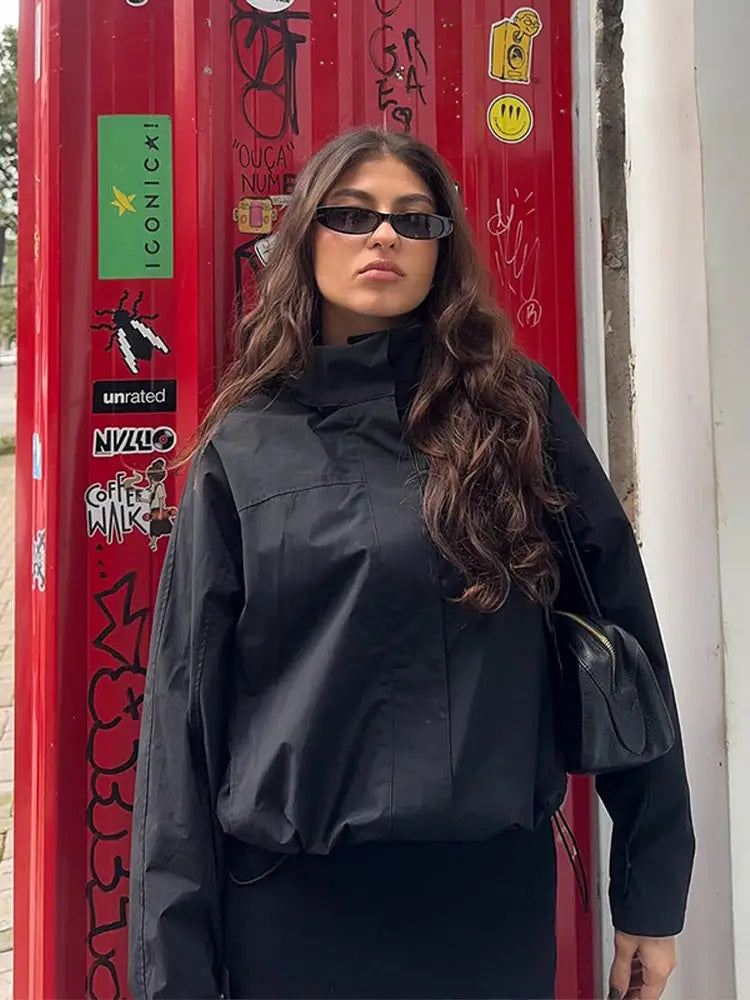 Stand Collar Drawstring Pilot Jackets Women Casual Long Sleeve Waist Cinching Zipper Pockets Coat New Autumn Chic Lady Outerwear