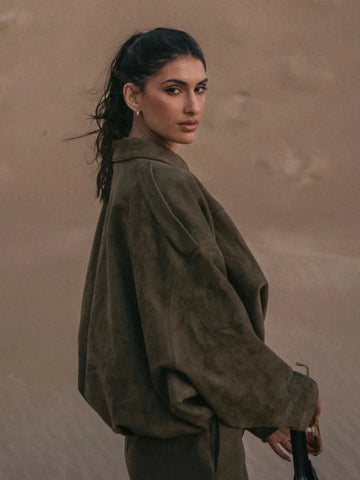 Elegant Solid Loose Women's Suede Jackets Turn-down Collar Long Sleeve Zipper Patchwork Coat New Fashion Ladies Locomotive Coats