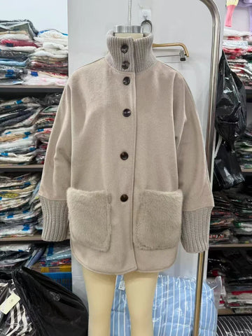 Women's Winter Coats Knitted Faux Fur Patchwork Jacket Autumn 2025 Female Stand Collar Single Breasted Loose Coat New Outerwears
