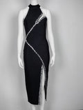 2024 Sexy Women's Nail Bead Bandage Dress Standing Collar Sleeveless Hollow Bodycon Bareback Split Flute Dress Party Vestidos black