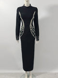 2024 Sexy Women's Heavy Industry Beaded Bandage Dress Bodycon Stand Collar Long Sleeve Midi Dress Cocktail Evening Party Vestido black