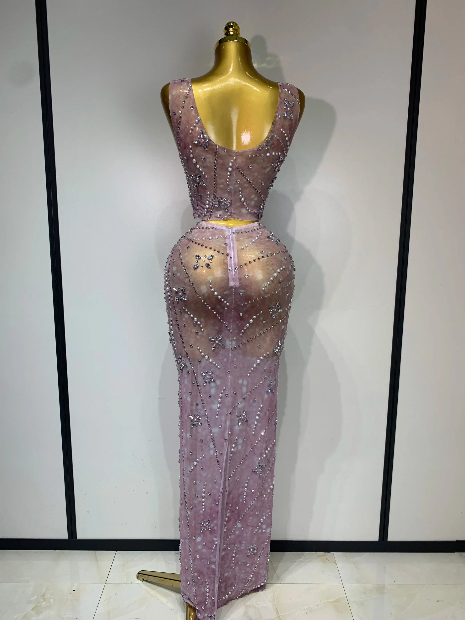 Women Sexy Two Pieces Set Celebrity Luxury Rhinestone Nightclub Skirt Suits Singer Dancer Stage Costume Evening Club Party Gowns