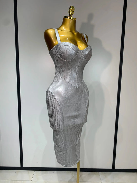 Women Sleeveless Sexy Silver V Neck Bodycon Midi Bandage Dress Celebrate Nightclub Party Birthday Dress Wedding Guest Dress