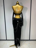 Women Sparkly Diamonds Tassels Chain Sexy Halter Backless Long Dress Evening Party Birthday Celebrate Celebrity Stage Costume