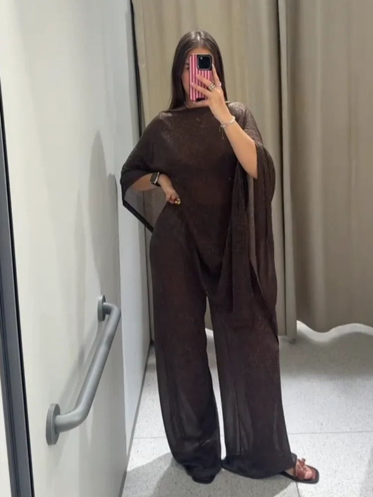 Shining Lurex Irregular Top Pants Suits Women Sexy O-neck Loose Asymmetrical Tops High Waist Wide Leg Trousers Glitter Partywear