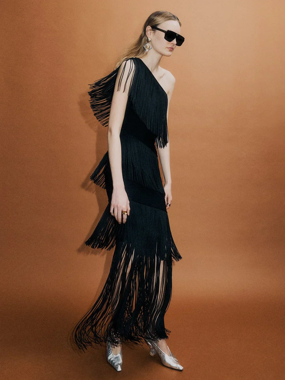 Women's One Shoulder Diagonal Collar Fringe Bandage Long Dress Summer Tassel Vacation Birthday Evening Night Club Vestidos