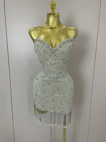 Luxury Sparkle Diamond Tassel Halter Cocktail Dress Women Elegant Evening Formal Gowns Wedding Party Dresses Stage Costumes MULTI