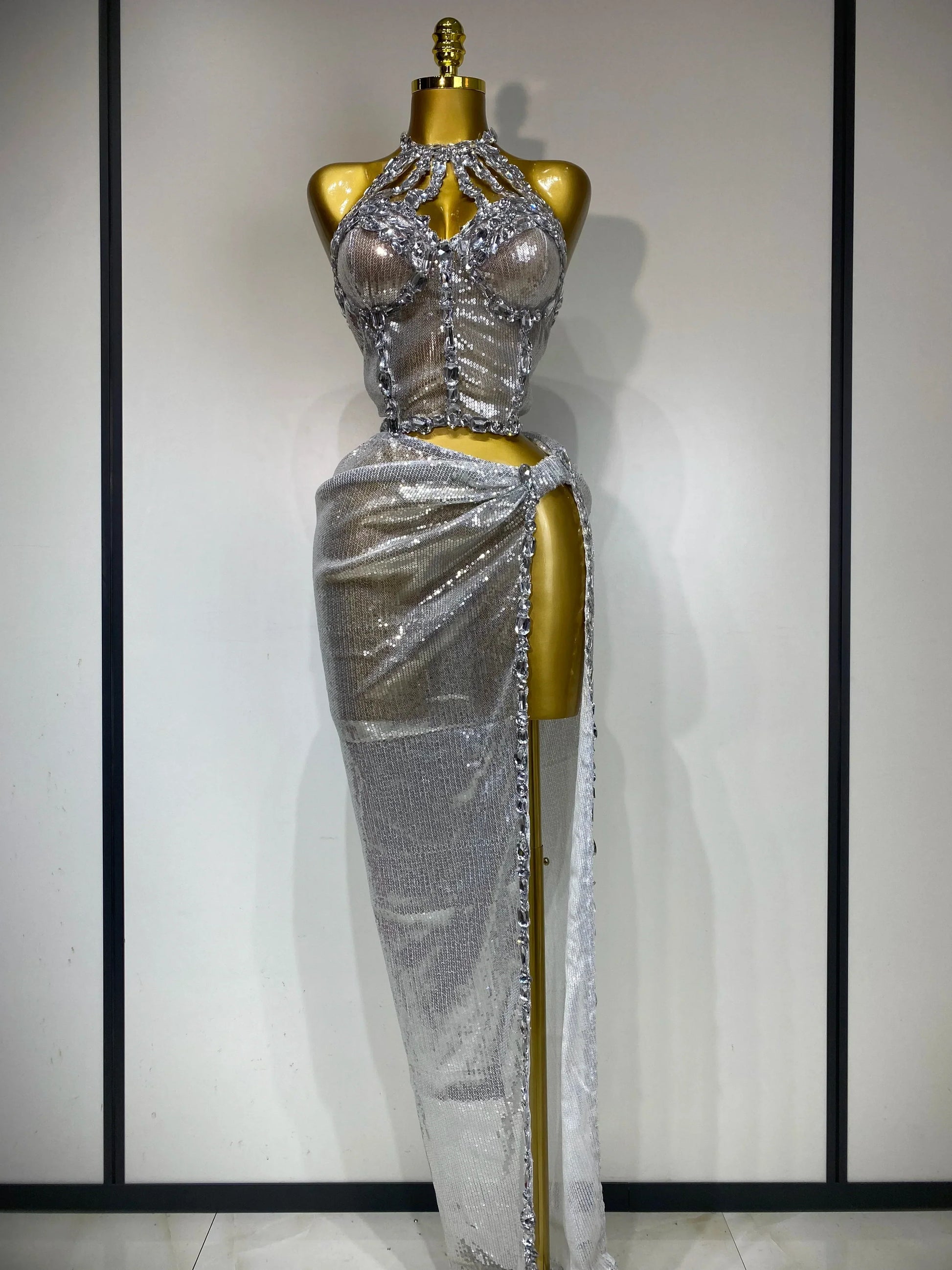 Women Sparkly Silver Rhinestones Top Long Skirt Two Pieces Set Singer Dancer Performance Costume Nightclub Stage Wear Silver