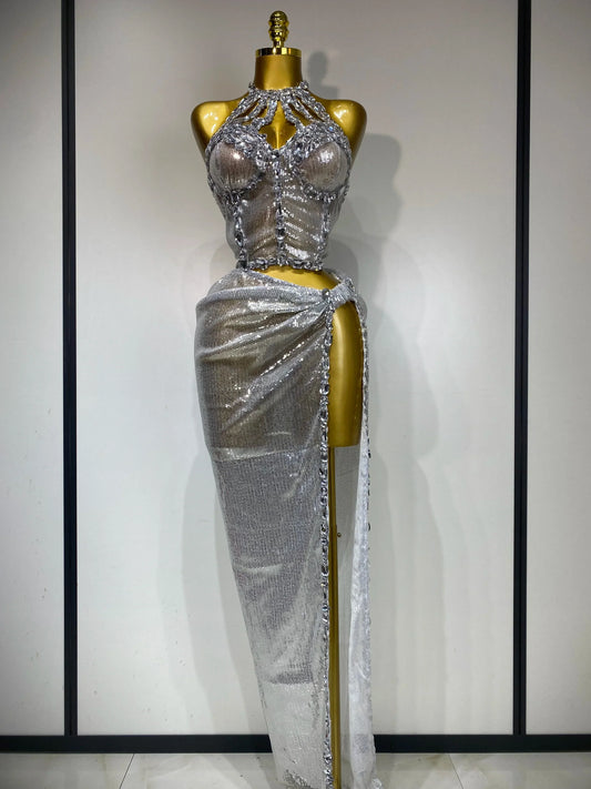 Women Sparkly Silver Rhinestones Top Long Skirt Two Pieces Set Singer Dancer Performance Costume Nightclub Stage Wear Silver