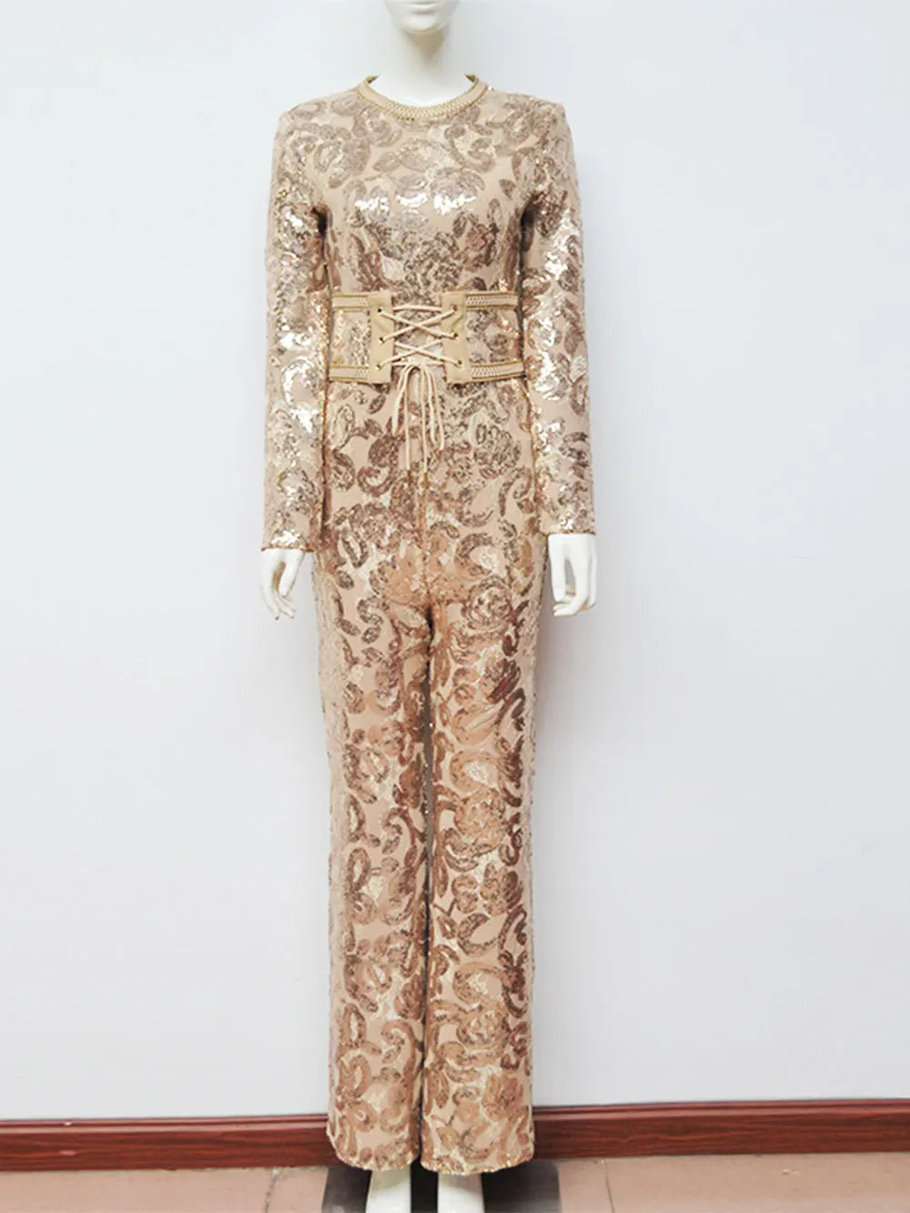 Women'S Light Luxury Sequin Patchwork Bandage Jumpsuit O-Neck Long Sleeved Waistband Flared Jumpsuit Pants Party Jumpsuit Gold