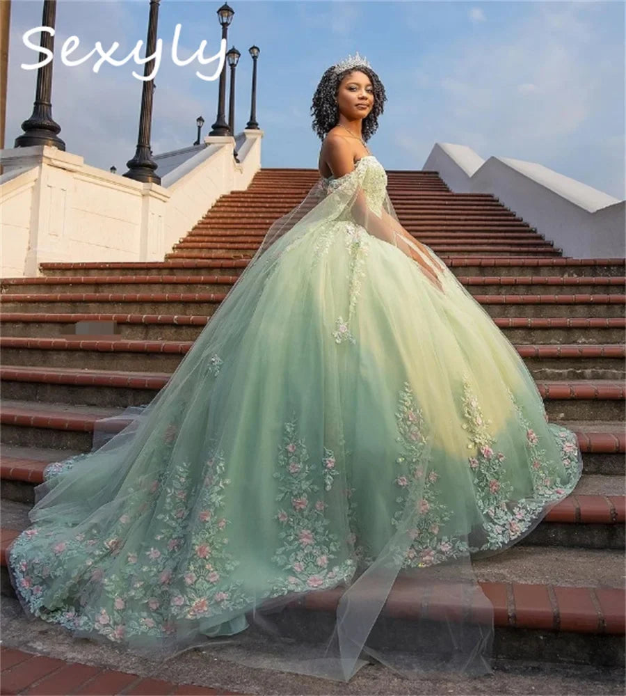 Mint Green Floral Vestidos De 15 Quinceañera Dress Cape Sleeve Corset Vestido De 15 Años Charro Xv Debutante Birthday Customized