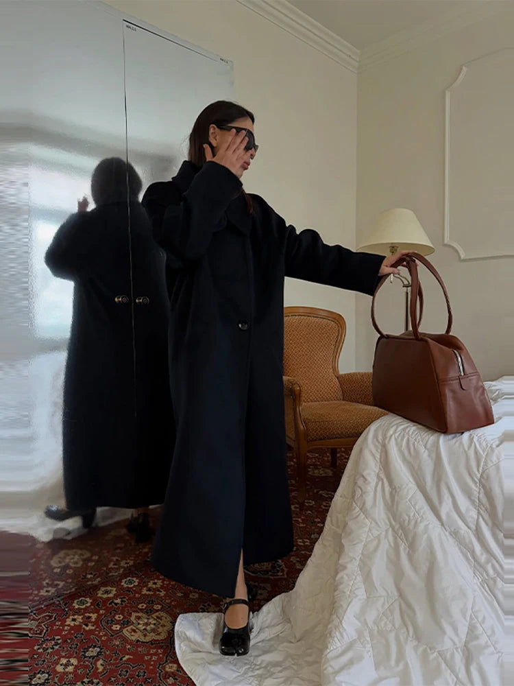 Women's Winter Coats Solid Stand Collar Long Woolen Overcoat Jacket Luxury Female Long Sleeve Loose Warm Coat New Lady Outerwear