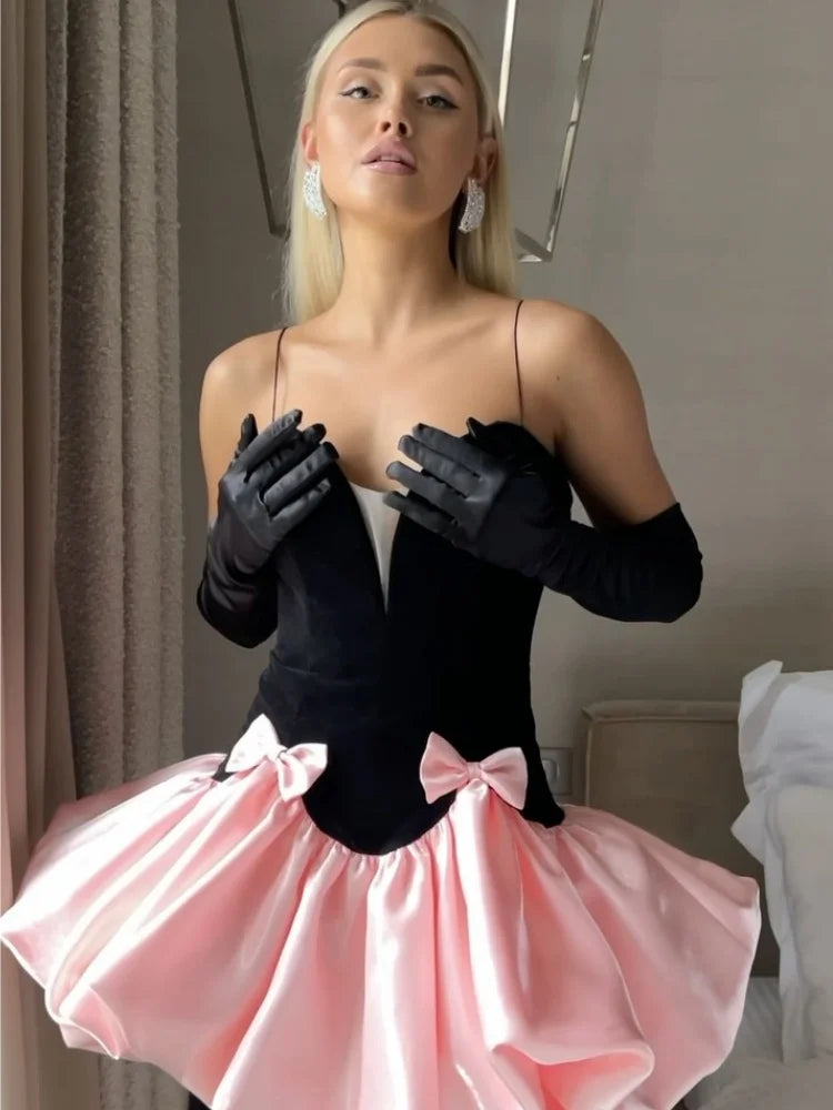 New Summer Women Sexy Strap V-Neck Ball Gown Mini Dress Celebrate Fashion Birthday Party Cute Girls' Date Dress