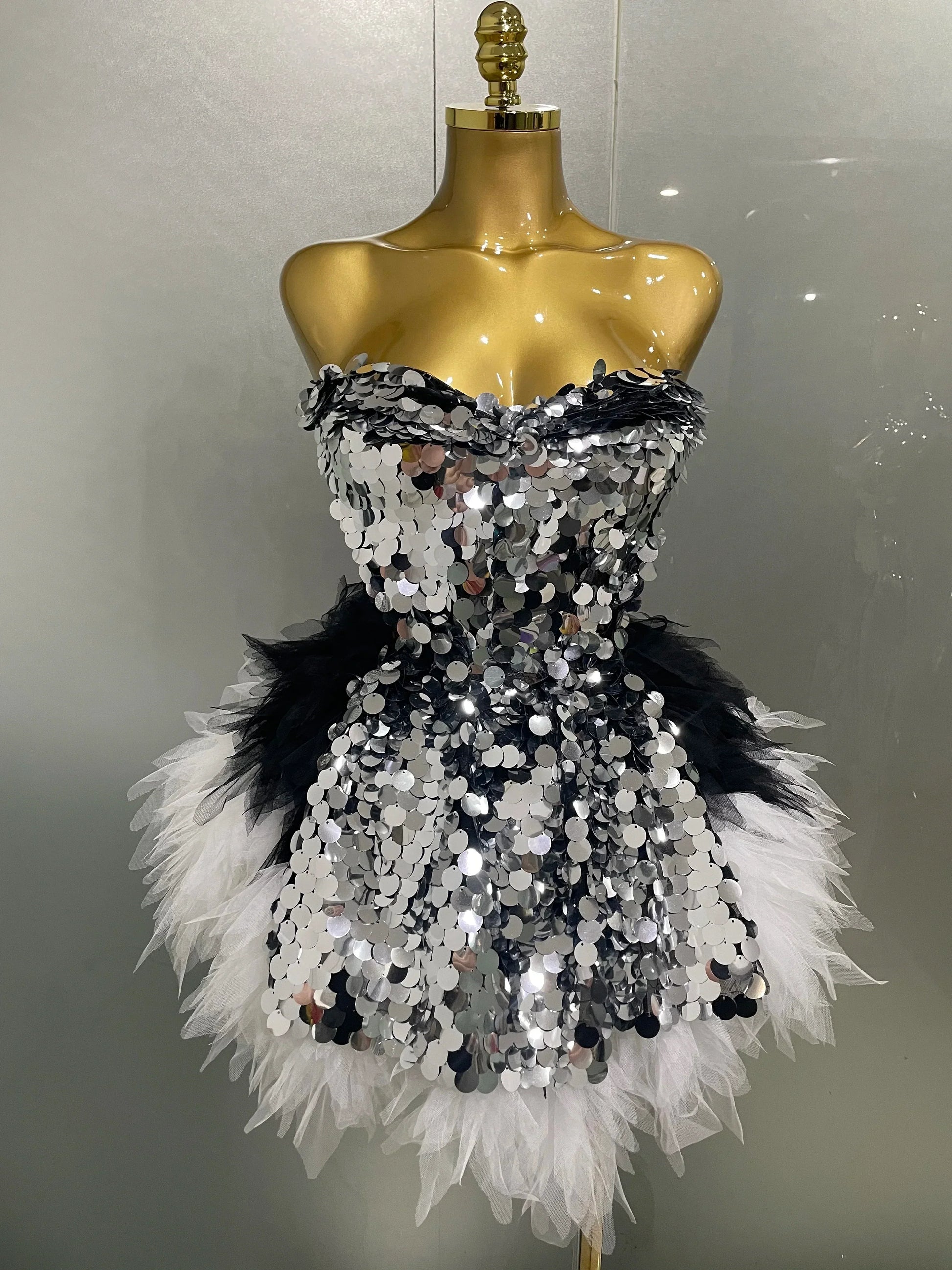 Stage Costume Women's Sparkly Sequin Mesh A Line Top Skirt 2 Pieces Set Nightclub Party Birthday Dress Photo Shoot Wear black