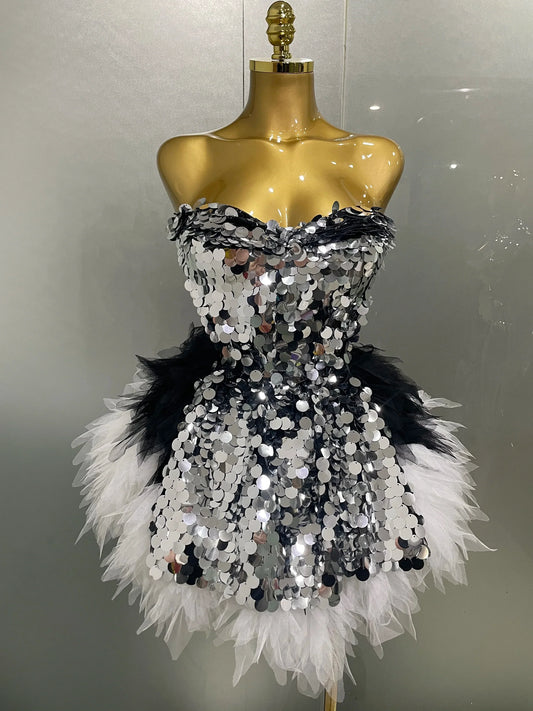 Stage Costume Women's Sparkly Sequin Mesh A Line Top Skirt 2 Pieces Set Nightclub Party Birthday Dress Photo Shoot Wear black