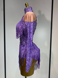 Women Sexy Purple Red Stretchy Long Sleeve Bodysuit Nightclub Singer Dancer Tassel Stage Costume Evening Party Birthday Outfit