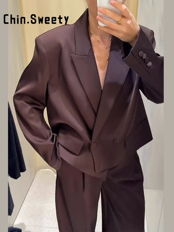 Elegant Satin Crop Jacket Pants Set Women V Neck Double Breast Jackets Pant Suits 2026 Spring Office Lady Buttons Outfit