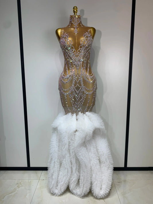 High Quality Women Sparkly Rhinestone Mesh Sleeveless Bodycon Long Dress Wedding Guest Gowns Luxury Birthday Evening Party Dress WHITE