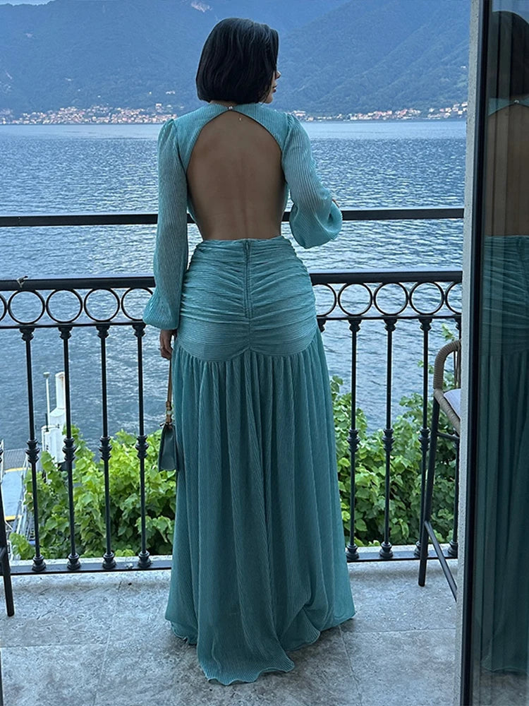 Sexy Solid Slim Women's Maxi Dress Deep V-neck Hollow Out Lantern Long Sleeve Backless Dragging Party Dresses Chic Ladies Robes