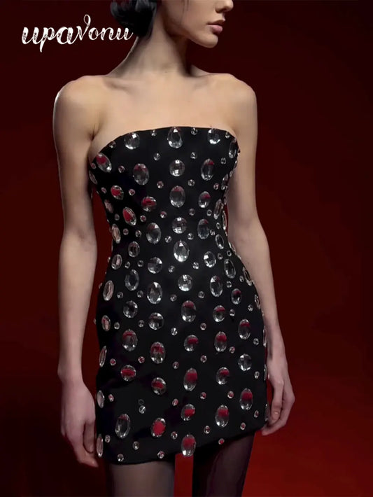 Spring Sexy Women's Light Luxury Nail Bead Bandage Dress Strapless Sleeveless Bodycon Bareback Mini Dresses Party Vestidos