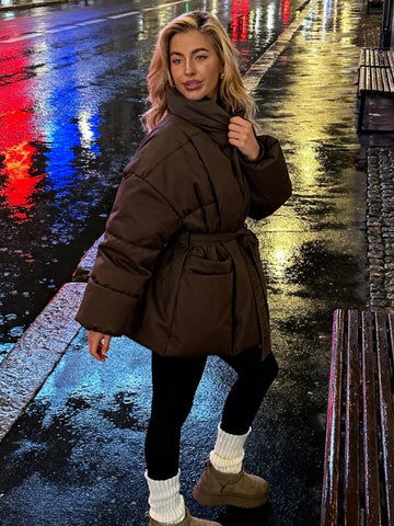 Women's Bomber Jacket Solid Lace Up Padded Jackets New Female V-neck Lantern Sleeve Slim Autumn Coats Casual Lady New Outerwears