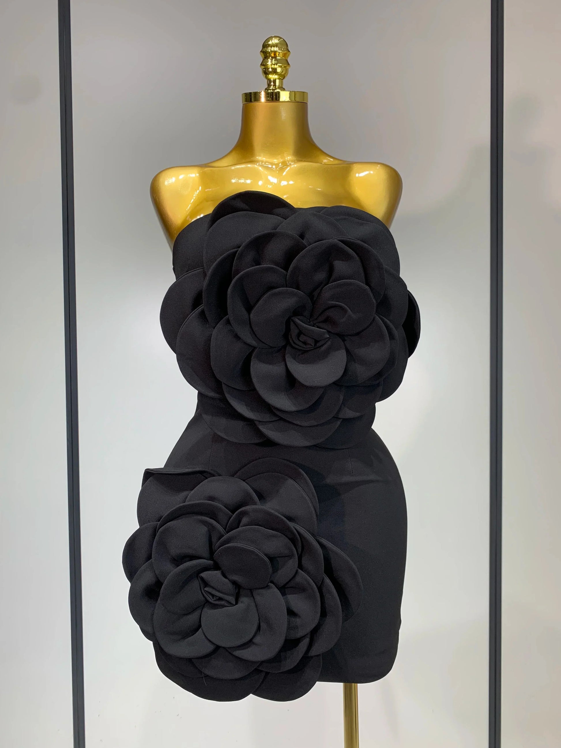 Women Sexy Strapless Backless Flower Black Mini Bodycon Dress Celebrity Elegant Evening Club Party Outfit Birthday Dresses black