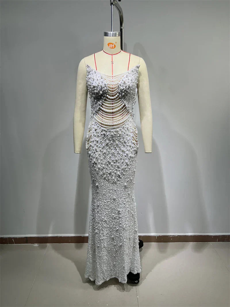 Luxury Pearl String Sexy See Through White Sequins Long Dress Elegant Woman Wedding Party Dress Red Carpet Goddess Vestido