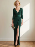 Mother Of The Bride Dress - Sexy Mermaid V Neck Formal Dress Vintage Mother of the Bride Dress High Split Floor Length Evening Dresses 2025 free customized Dark Green