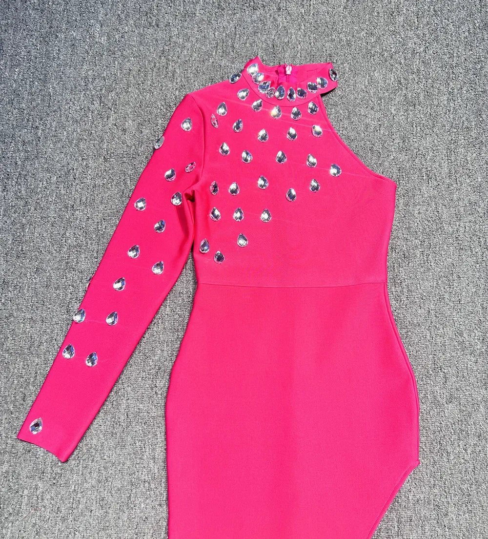 New Rosered Color Women Sexy One Shoulder Big Crystal Bodycon Long Bandage Dress Celebrate Evening Party Birthday Fashion Dress