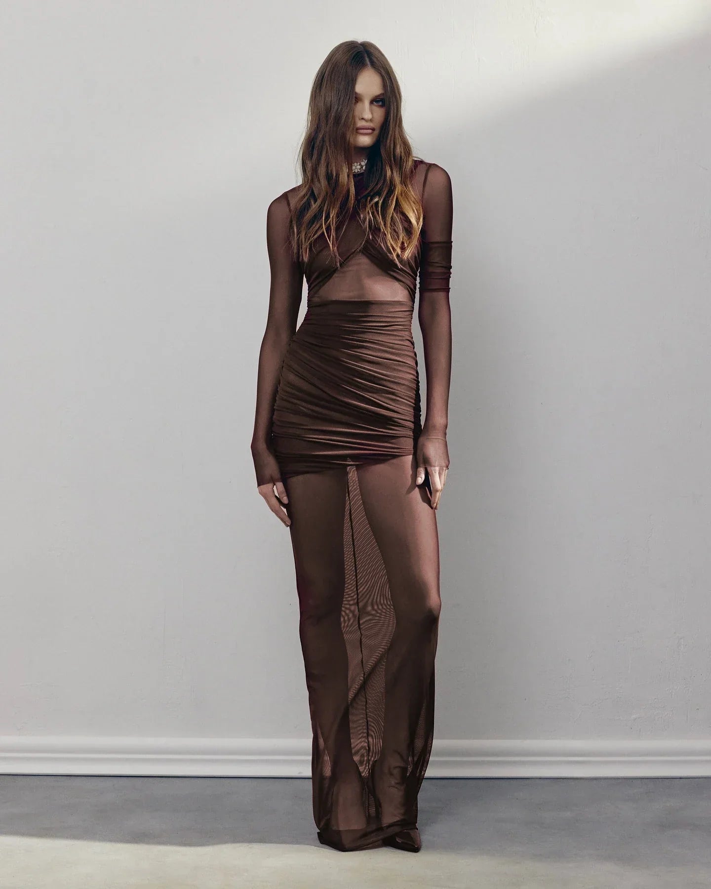 High Quality Brown Khaki Color Women Long Sleeve Sexy Mesh Bodycon Long Maxi Dress Runway Fashion Celebrate Evening Dress