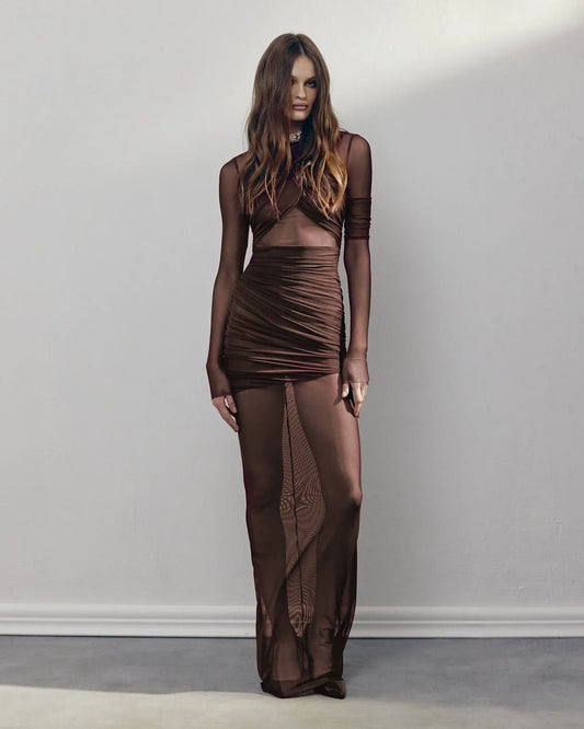 High Quality Brown Khaki Color Women Long Sleeve Sexy Mesh Bodycon Long Maxi Dress Runway Fashion Celebrate Evening Dress