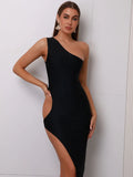 2025 Sexy Women Hollow Bandage Dress with Diagonal Collar Single Shoulder Sleeveless Bodycon Split Midi Dress Club Party Vestido