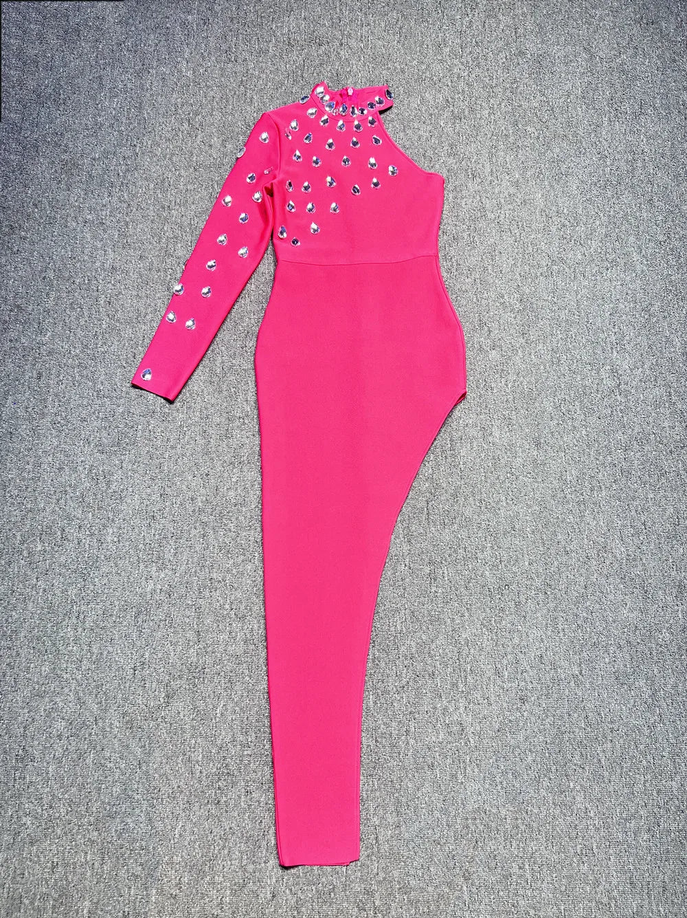 New Rosered Color Women Sexy One Shoulder Big Crystal Bodycon Long Bandage Dress Celebrate Evening Party Birthday Fashion Dress