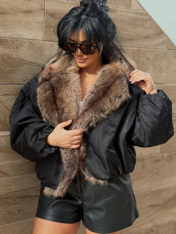 Women's Coats Faux Fur Collar Patchwork Short Jacket Street Female V-neck Lantern Sleeve Loose Warm Coat Chic Lady New Outerwear