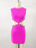 2024 Sexy Women's Waist Set with Diamond Chain Design Bandage Dress O-Neck Sleeveless Bodycon Bareback Mini Dress Party Vestidos Fuchsia