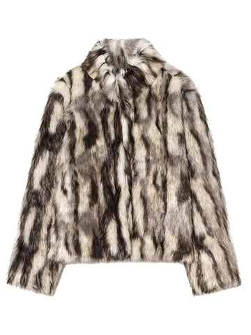 Vintage Panelled Loose Women's Faux Fur Coat Stand Collar Long Sleeve Autumn Winter Furry Warm Coats New Casual Ladies Outerwear