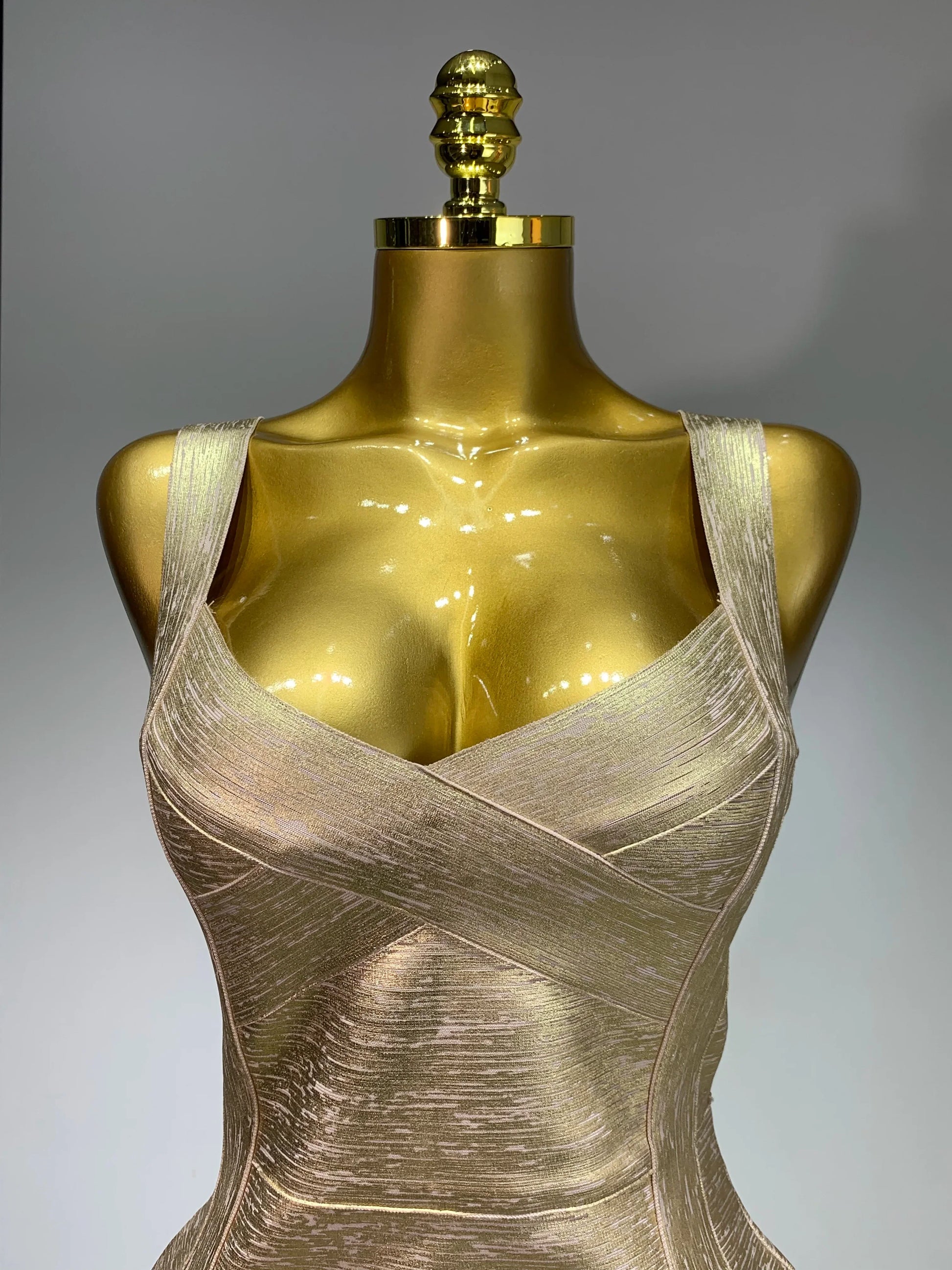 Women Sexy V Neck Bronzing Gold Midi Bodycon Bandage Dress Celebrity Elegant Evening Club Party Luxury Birthday Dress